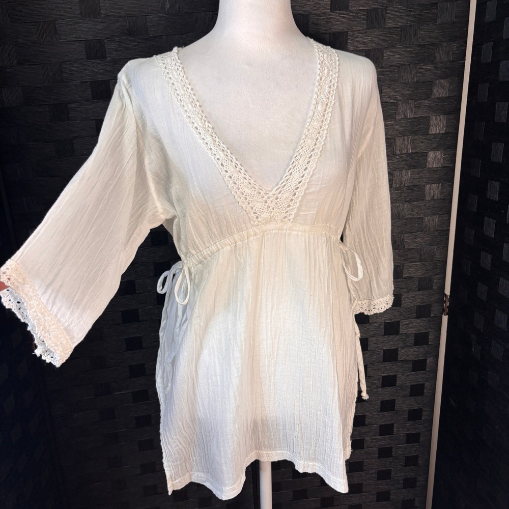 Absolutely Tunic Top Cover-up Women S White Cotton Gauze Crochet Lace Boho Beach - Picture 2 of 9